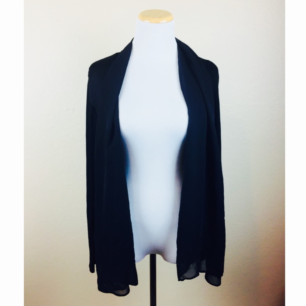 ANTHROPOLOGIE Sat Sun Black Draped Open Cardigan Size LARGE Sheer Front Career